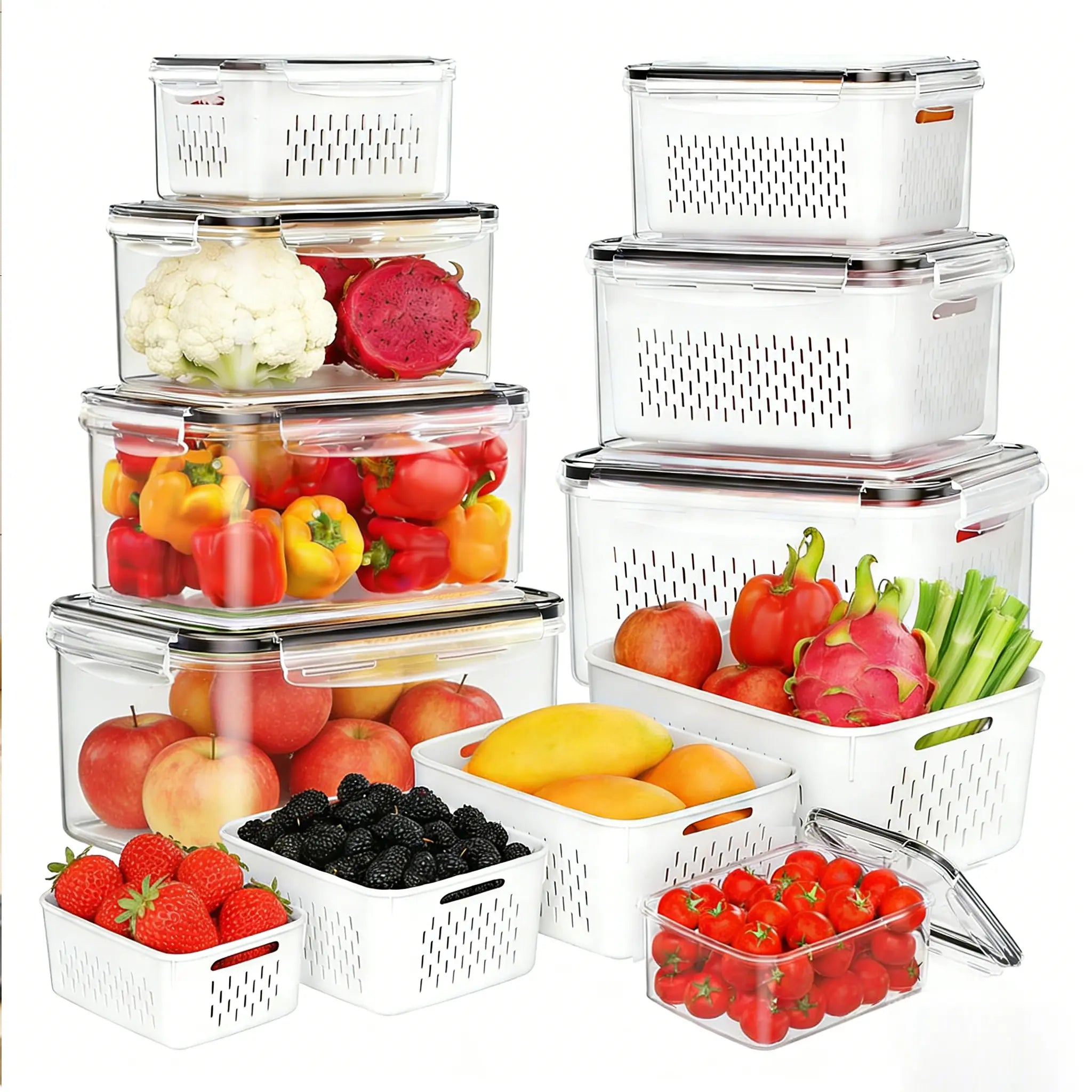 Stackable Fridge Organizers & Food Storage Containers – BPA-Free Produce Keepers with Removable Colander (8/10/12/16 Pack)